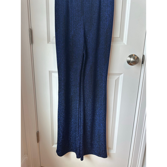 Women's Lulus Blue and Black Metallic Ribbed V-Neck Jumpsuit - Picture 6 of 11